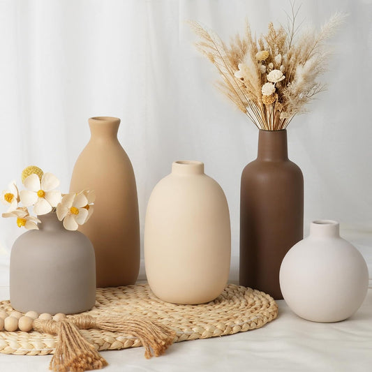 Modern Ceramic Vase Set of 5, Vases Home Decor Rustic Farmhouse Decorative Vase Pottery Vases for Bouquet Pampas Grass Dried Fresh Flowers, Table Living Room Kitchen Bedroom