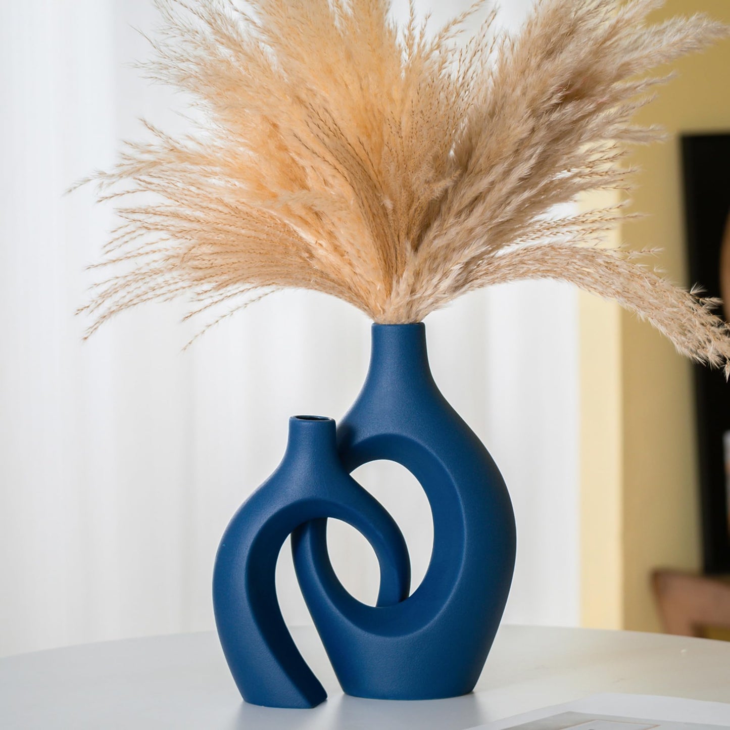 Snuggle Hollow Ceramic Vase Set of 2, Nordic Modern Boho ins Style Decorative Ceramic Aesthetic Flower Vase for Home Decor (Milky White W 6.3" X H 8.4")