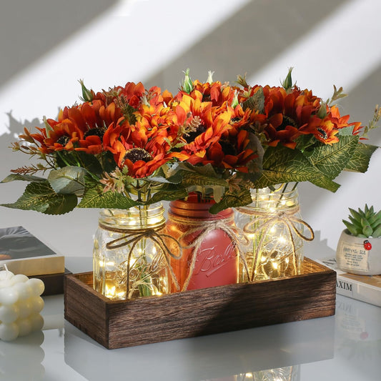 3 Pcs Fall Mason Jar Centerpiece Table Decorations for Dining Table Decor Farmhouse Coffee Table Decor with Wood Tray and Led Light Table Centerpieces for Dining Room Kitchen Living,Orange